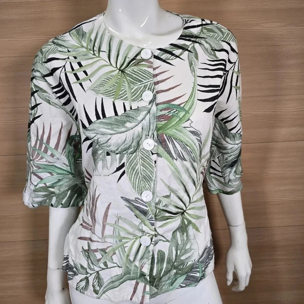 Worth NY Women's Small Ivory Linen Blend Leaf Print Tropical‎ Jacket Tie-back